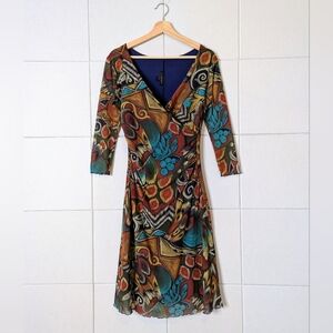 Vintage y2k stretch mesh abstract funky print wrap dress